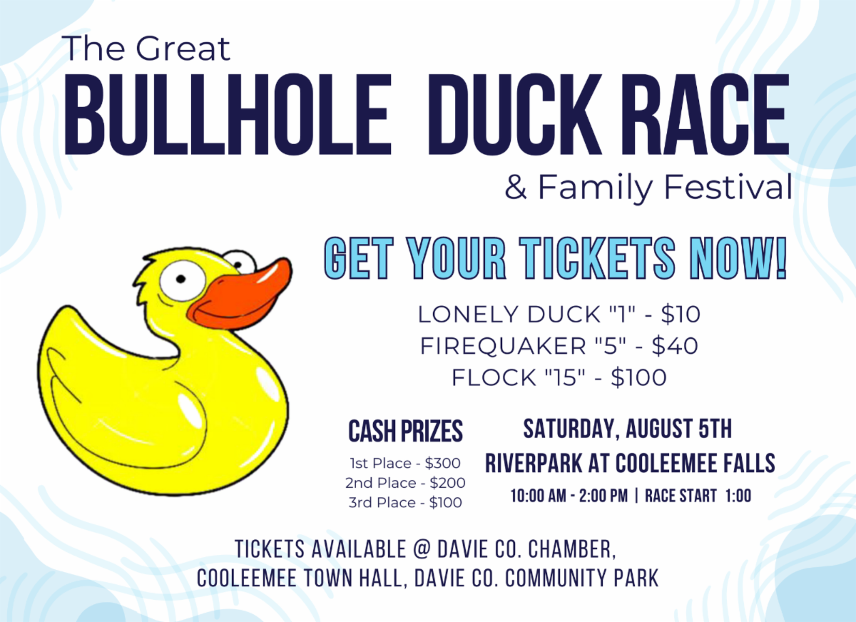 Bullhole Duck Race at RiverPark at Cooleemee Falls - Race and Family Festival Poster with Yellow Duck